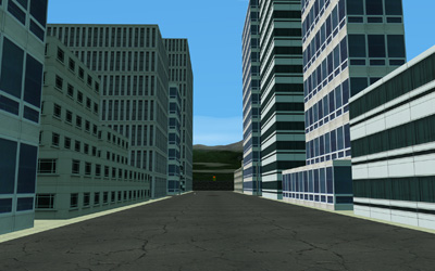 A city road surrounded by buildings with windows